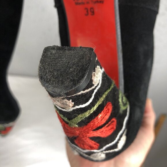 Artemis Suede Boots Womens 8.5 Black Leather Embroidery Heels Boho Retro 70s - Picture 11 of 16